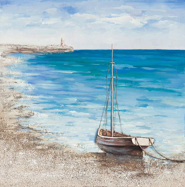 PXYW579A Wall décor art oil on canvas seascape boat on beach blue white tones